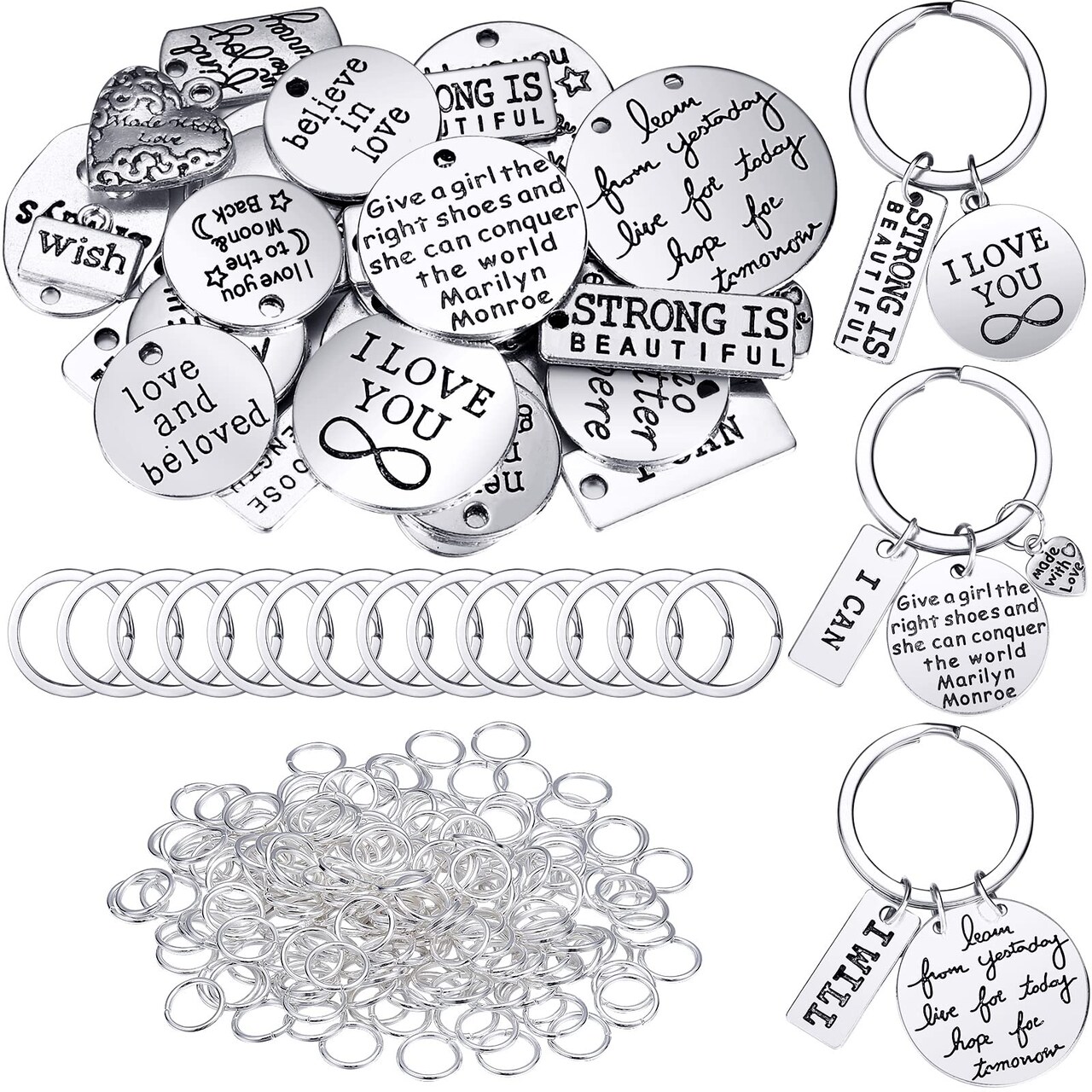 259 Pieces Inspirational Motivational Keychains Charms Bulk Inspirational Words Charms with Open Jump Key Rings for Various DIY Necklaces, Bracelets